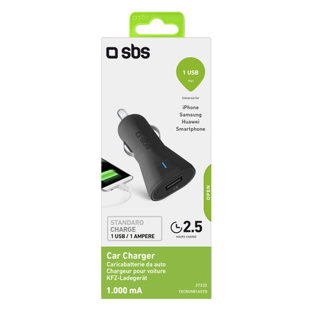 SBS - Auto punjač USB, 1A, crni