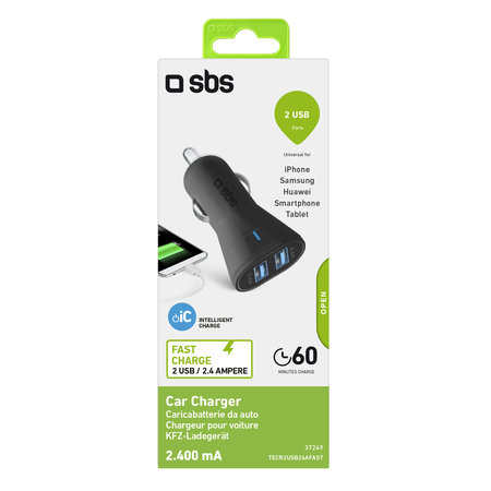 SBS - Auto punjač 2x USB, 2.4A, crni