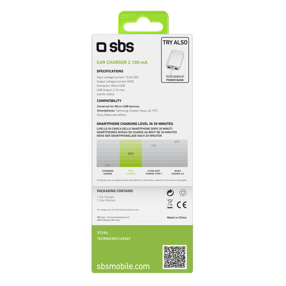 SBS - Auto punjač Micro-USB, 2.1A, crni