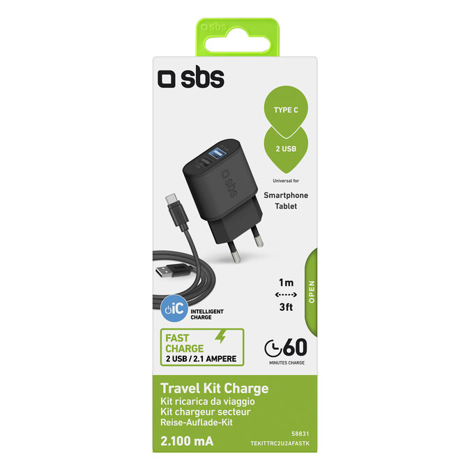 SBS - 10W adapter za punjenje 2x USB + kabel USB / USB-C, crni