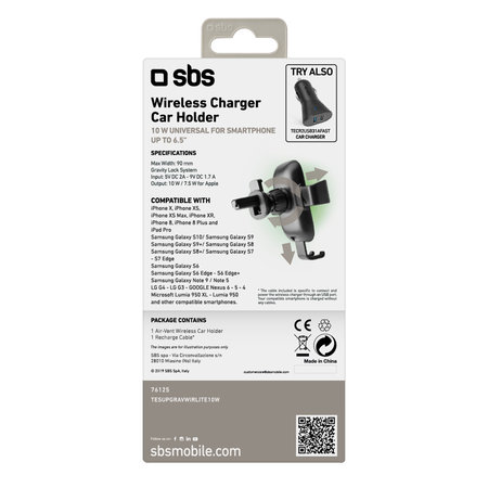 SBS - Gravity auto držač s bežičnim punjenjem, 10W, Qi, crni