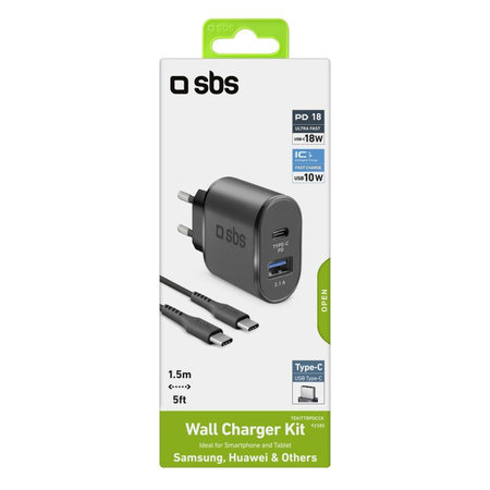 SBS - 18W adapter za punjenje USB, USB-C + kabel USB-C / USB-C, crni