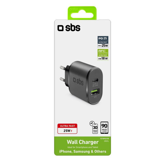 SBS - 25W adapter za punjenje USB, USB-C, crni