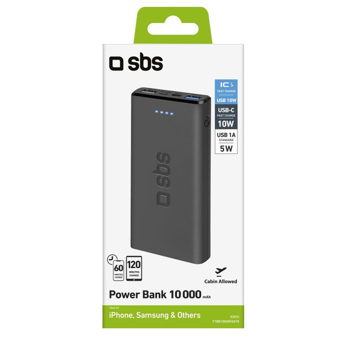 SBS - PowerBank 10.000 mAh, 2x USB, Micro-USB, crna