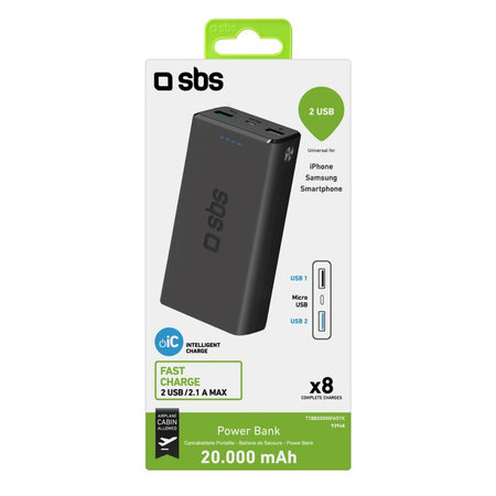 SBS - PowerBank 20.000 mAh, 2x USB, Micro-USB, crna