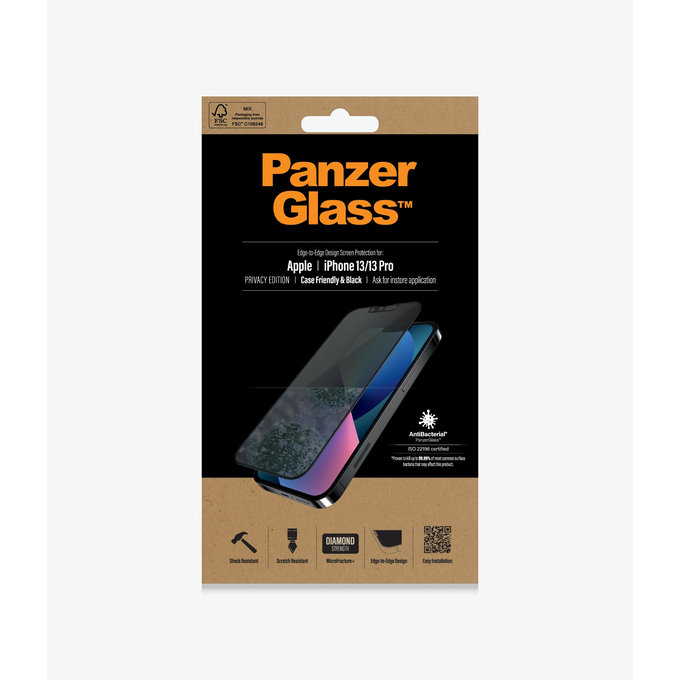 PanzerGlass - Kaljeno Staklo Case Friendly Privacy AB za iPhone 13, 13 Pro, 14 i 16e, crna