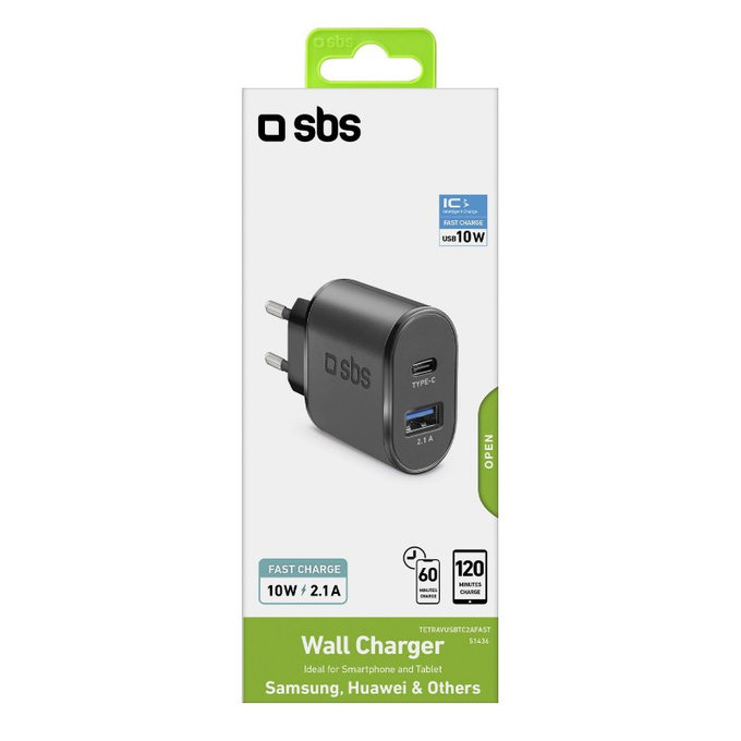SBS - 10W adapter za punjenje USB, USB-C, crni