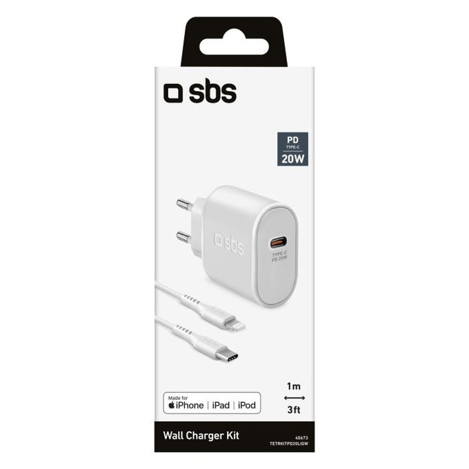 SBS - 20W adapter za punjenje USB-C PowerDelivery + kabel Lightning (1m), bijeli