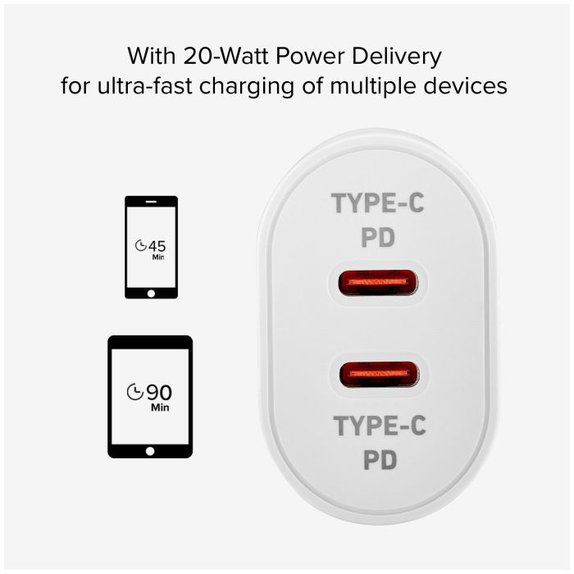 SBS - 20W adapter za punjenje 2x USB-C napajanje, bijeli