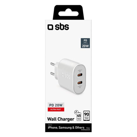 SBS - 20W adapter za punjenje 2x USB-C napajanje, bijeli