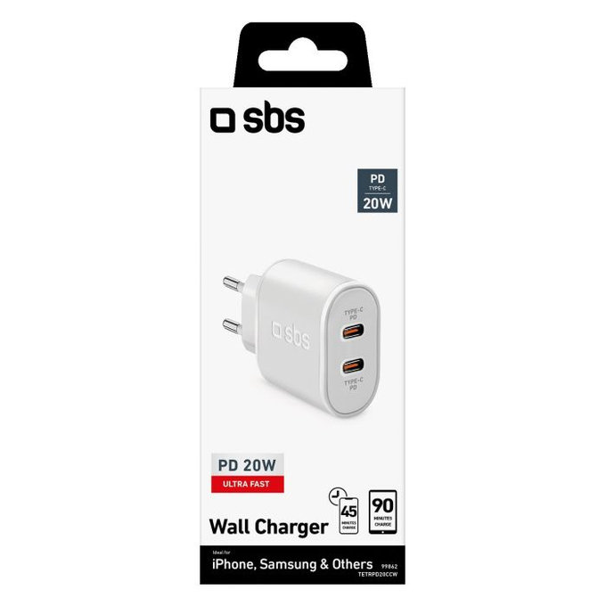 SBS - 20W adapter za punjenje 2x USB-C napajanje, bijeli