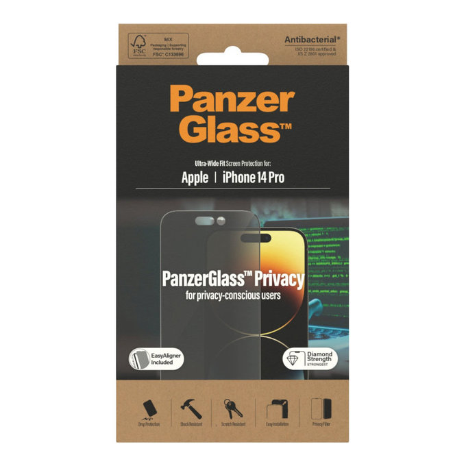 Kaljeno staklo UWF Privacy AB s aplikatorom za iPhone 14 Pro, Crna, PanzerGlass