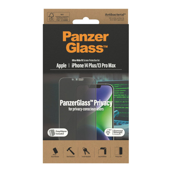 Kaljeno staklo UWF Privacy AB s aplikatorom za iPhone 14 Plus/13 Pro Max, Crna, PanzerGlass