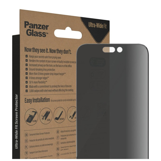 Kaljeno staklo UWF Privacy AB s aplikatorom za iPhone 14 Pro Max, Crna, PanzerGlass