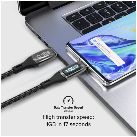 SBS - USB-C / USB-C kabel s LCD-om i PowerDelivery 100W (1m), crni