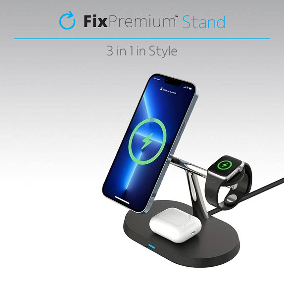 FixPremium - MagSafe stalak 3u1 za iPhone, Apple Watch & AirPods, crni