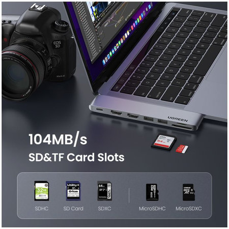 UGREEN - Dual USB-C Hub 7u1, sivi