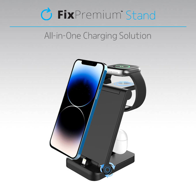FixPremium - Sklopivi 3u1 stalak za iPhone, Apple Watch & AirPods, crni