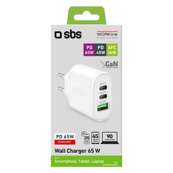 SBS - 65W adapter za punjenje USB (36W), 2x USB-C (65W, 45W), PowerDelivery, bijeli