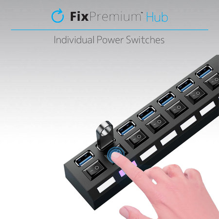 FixPremium - USB hub s prekidačem za napajanje za 7 USB-a, crni
