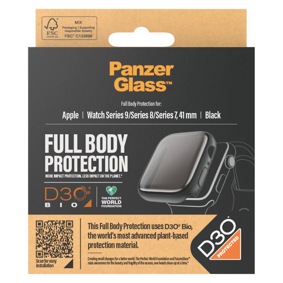 Kaljeno staklo Full Body D3O za Apple Watch 9/8/7 41 mm, Crna, PanzerGlass