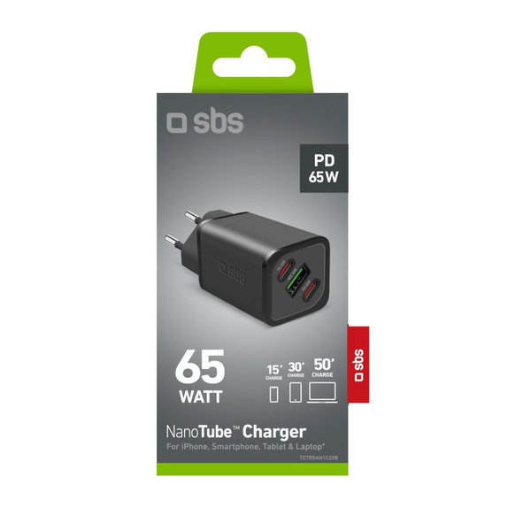 Putni adapter NanoTube 2x USB-C/USB-A, GaN, 65 W PD, crna, SBS
