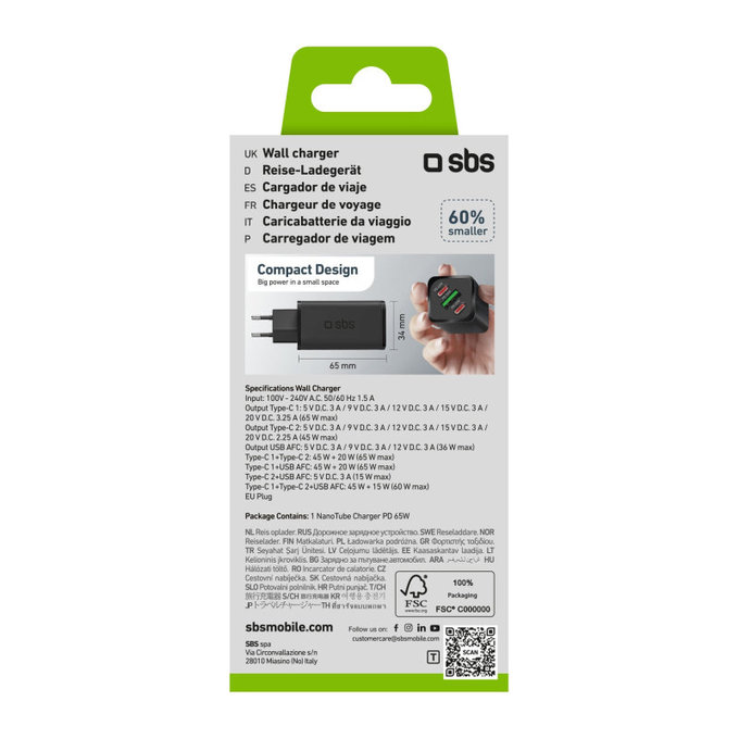 Putni adapter NanoTube 2x USB-C/USB-A, GaN, 65 W PD, crna, SBS