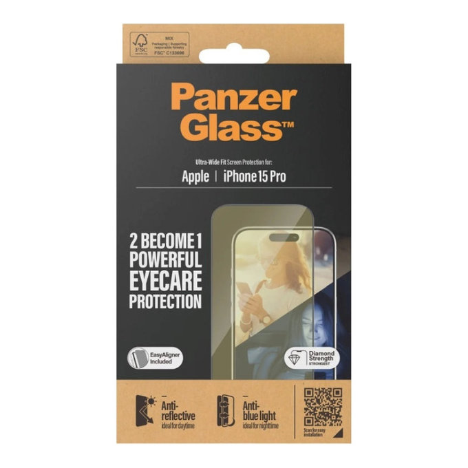 Kaljeno staklo UWF Eyecare s aplikatorom za iPhone 15 Pro, Crna, PanzerGlass
