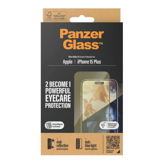 Kaljeno staklo UWF Eyecare s aplikatorom za iPhone 15 Plus, Crna, PanzerGlass