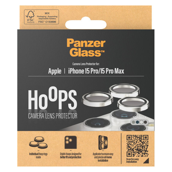 Zaštita objektiva kamere Hoops za iPhone 15 Pro/15 Pro Max, White Metal, PanzerGlass