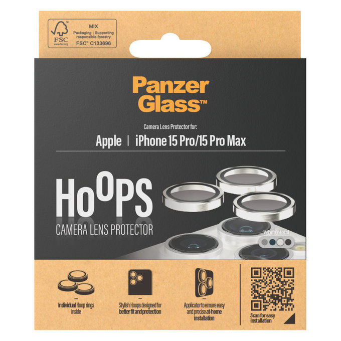 Zaštita objektiva kamere Hoops za iPhone 15 Pro/15 Pro Max, White Metal, PanzerGlass