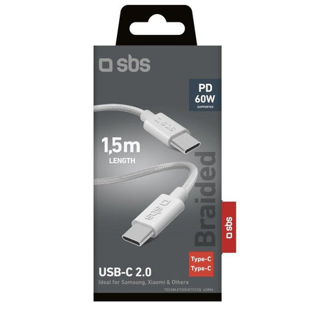 SBS - pleteni kabel USB-C/USB-C, PD, 60W, 2m, bijela