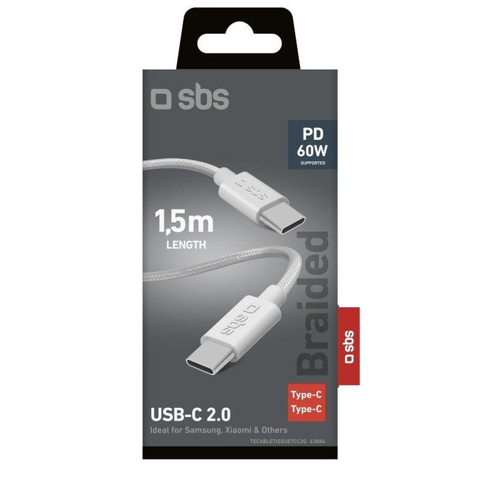 SBS - pleteni kabel USB-C/USB-C, PD, 60W, 2m, bijela