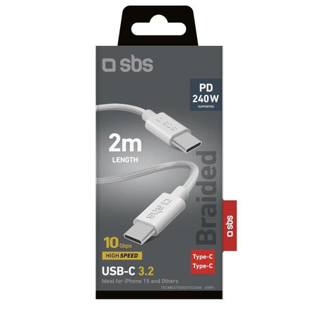 SBS - pleteni kabel USB-C/USB-C, PD, 240W, 2m, bijela