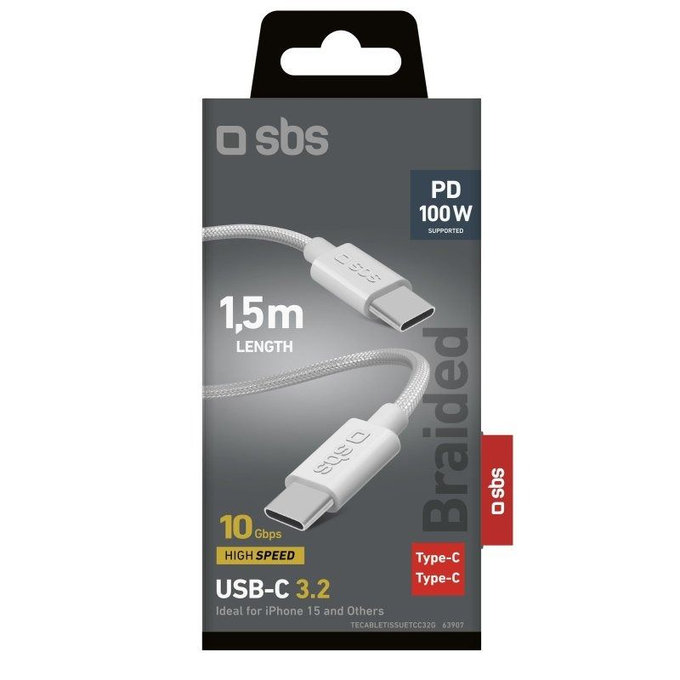 SBS - pleteni kabel USB-C/USB-C, PD, 100W, 1.5m, bijela