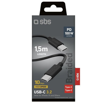 SBS - pleteni kabel USB-C/USB-C, PD, 100W, 1.5m, crna