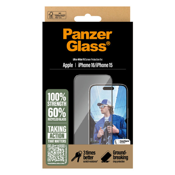 PanzerGlass - Kaljeno Staklo UWF sa aplikatorom za iPhone 16, transparentan