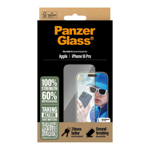Kaljeno staklo UWF s aplikatorom za iPhone 16 Pro, Crna, PanzerGlass