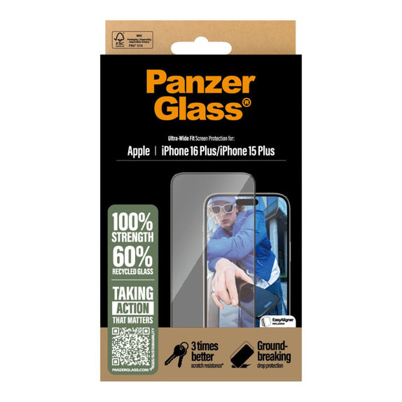 Kaljeno staklo UWF s aplikatorom za iPhone 16 Plus/15 Plus, Crna, PanzerGlass