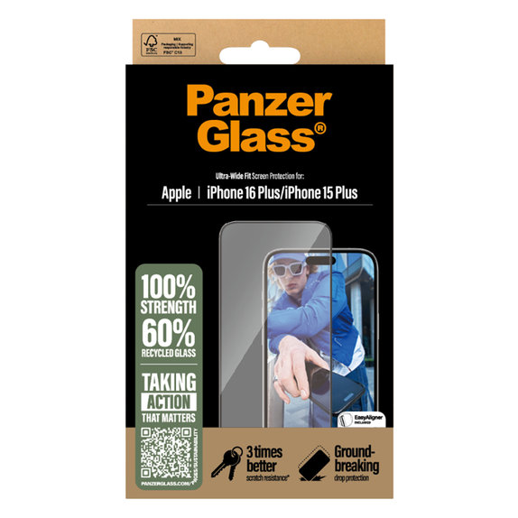 Kaljeno staklo UWF s aplikatorom za iPhone 16 Plus/15 Plus, Crna, PanzerGlass