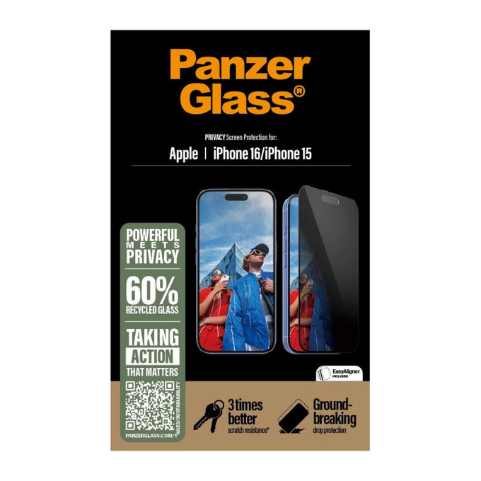 UWF Privacy kaljeno staklo s aplikatorom za iPhone 16/15, Crna, PanzerGlass
