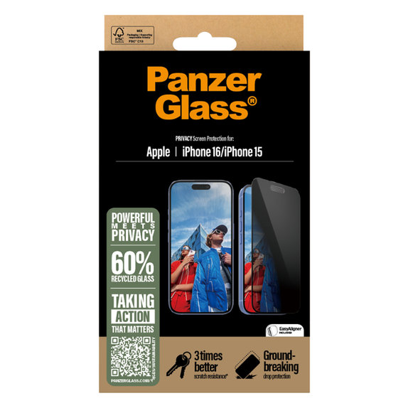 PanzerGlass - Kaljeno Staklo UWF Privacy sa aplikatorom za iPhone 16, crno