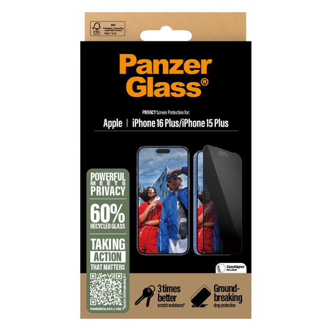 PanzerGlass - Kaljeno Staklo UWF Privacy sa aplikatorom za iPhone 16 Plus, crno