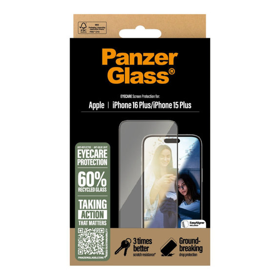 Kaljeno staklo UWF Eyecare s aplikatorom za iPhone 16 Plus/15 Plus, Crna, PanzerGlass