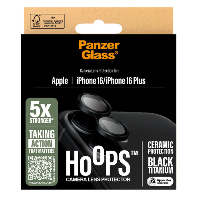 PanzerGlass - Zaštitni poklopac za objektiv kamere Hoops Ceramic za iPhone 16 a 16 Plus, crno
