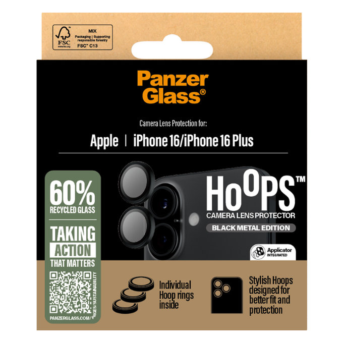 PanzerGlass - Zaštitni poklopac za objektiv kamere Hoops za iPhone 16 a 16 Plus, crno