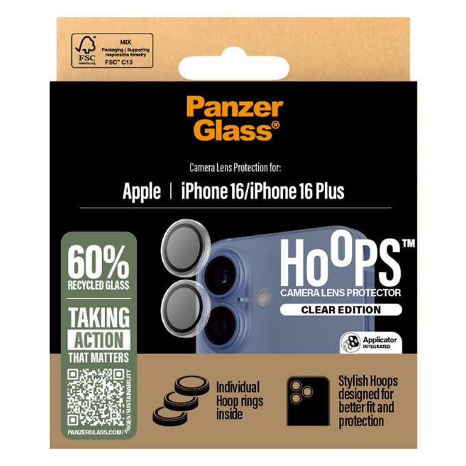 PanzerGlass - Zaštitni poklopac za objektiv kamere Hoops za iPhone 16 a 16 Plus, transparentan