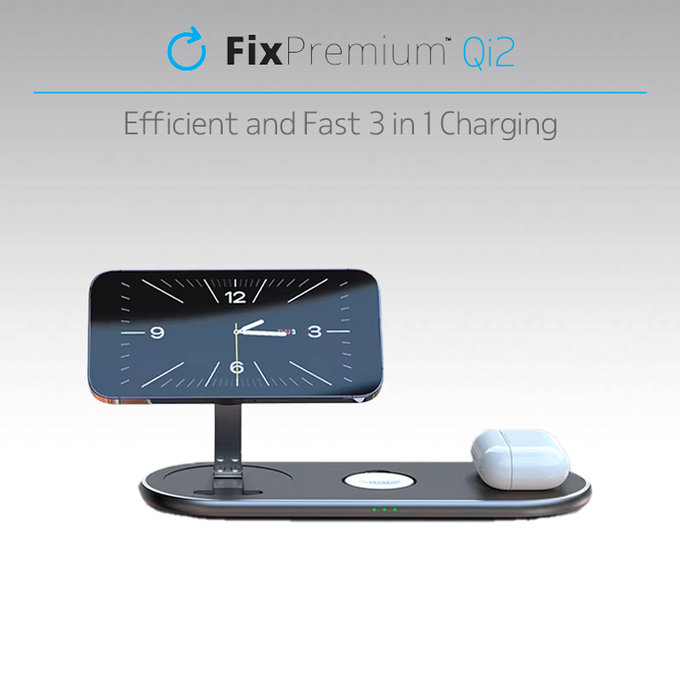FixPremium - Stalak za punjenje s Qi2 za iPhone, Apple Watch i AirPods, crna