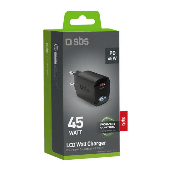 Putni adapter LCD USB-C, GaN, 45 W PD, crna, SBS