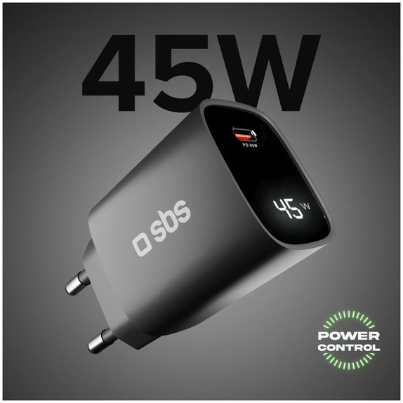 Putni adapter LCD USB-C, GaN, 45 W PD, crna, SBS